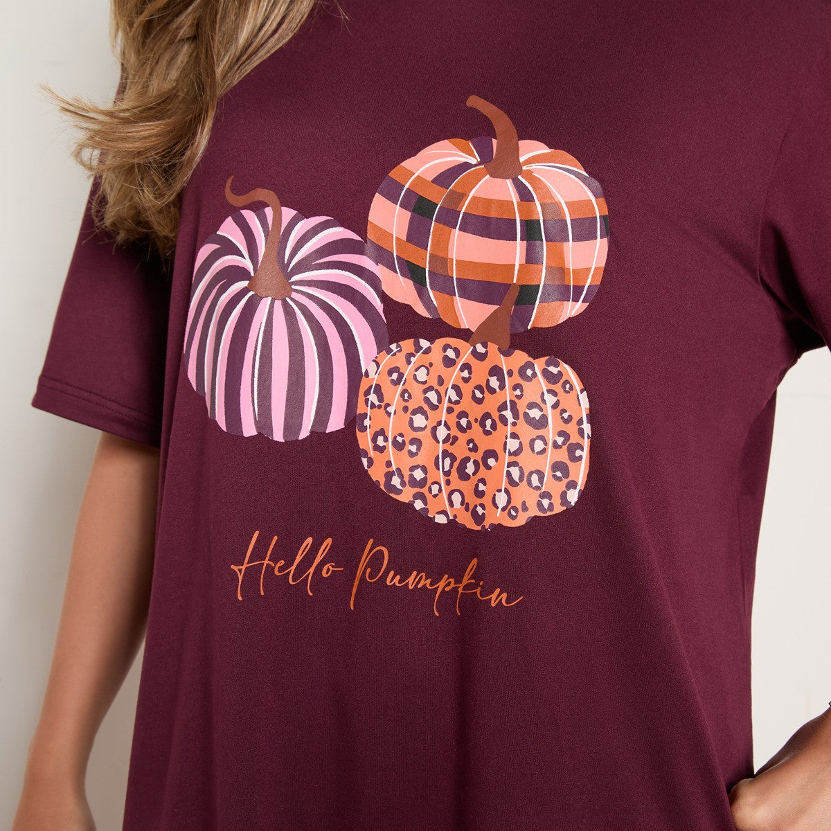 Patterned Pumpkin Print T-Shirt Pyjama Set - Multi