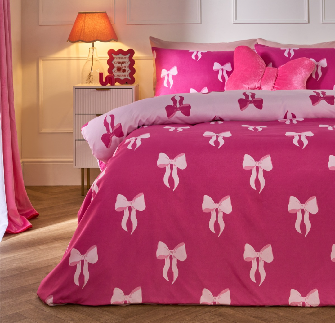Reversible Bow Print Duvet Set - Pink/Hot Pink