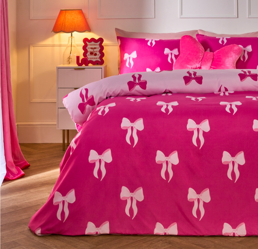 Reversible Bow Print Duvet Set - Pink/Hot Pink