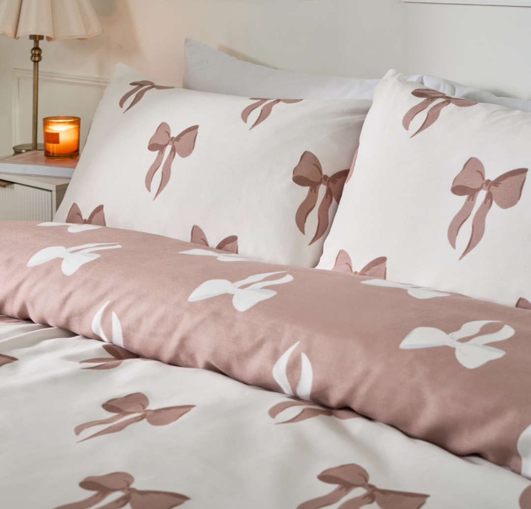 Reversible Bow Print Duvet Set Ivory/Natural