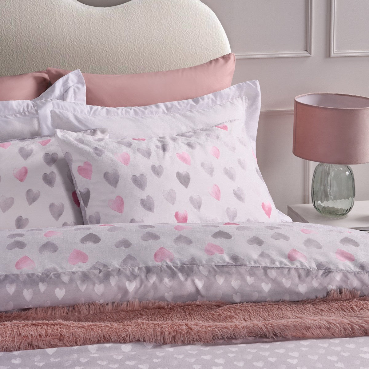 Heart Print Reversible Watercolour Duvet Cover Set - Pink/Grey