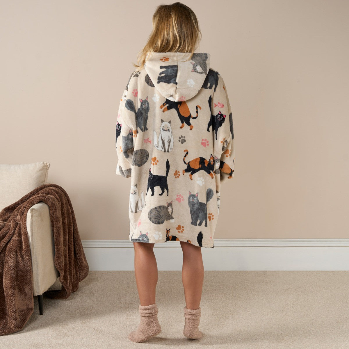 Adults Cat Print Hoodie Blanket