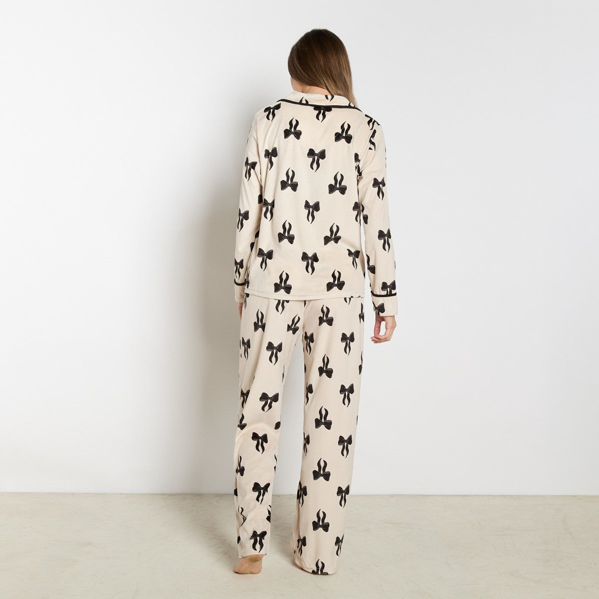Bow Print Button Through Pyjama Set - Monochrome