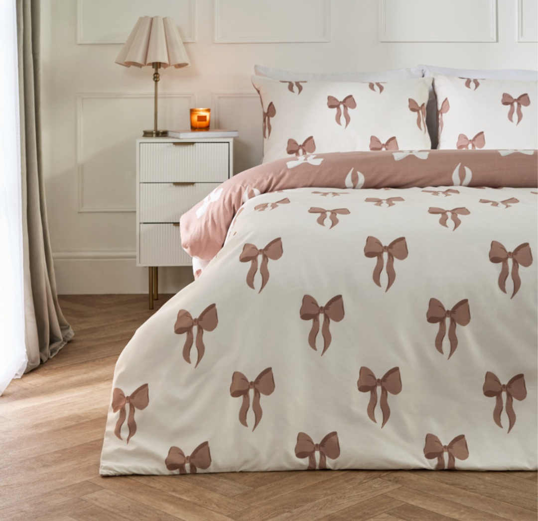 Reversible Bow Print Duvet Set Ivory/Natural