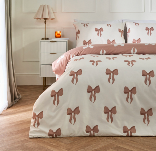 Reversible Bow Print Duvet Set Ivory/Natural