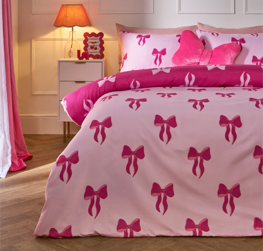 Reversible Bow Print Duvet Set - Pink/Hot Pink