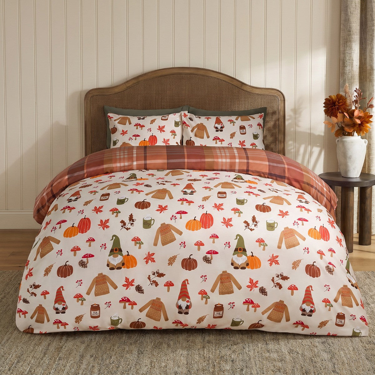 Autumnal Novelty Checked Reversible Duvet Cover Set, Cream/Rust