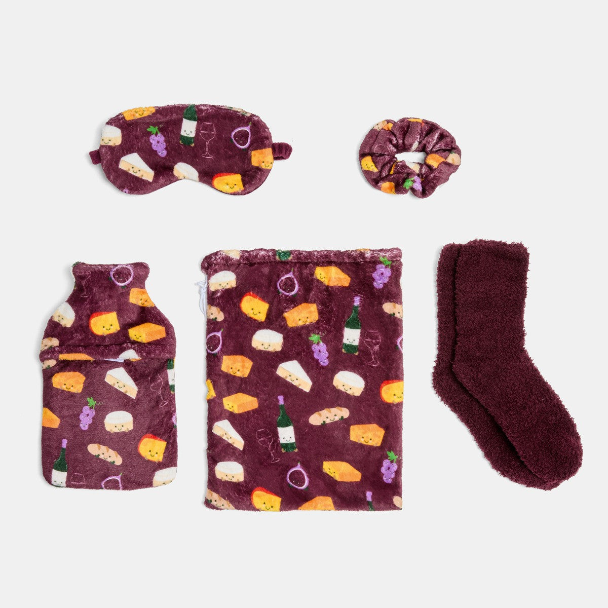 Cheese & Wine Print Hot Water Bottle Gift Set