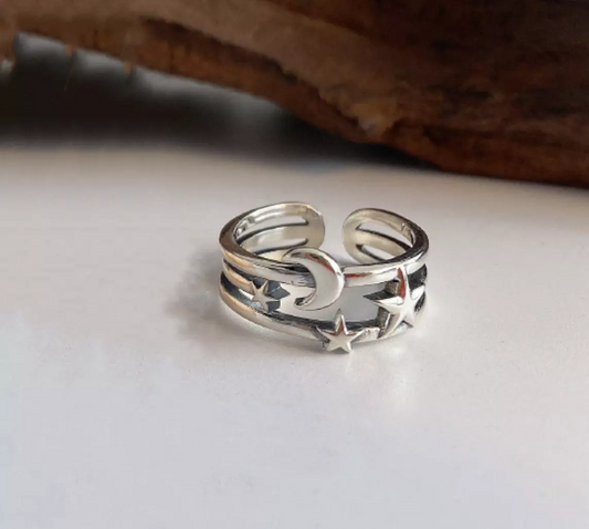 Retro Moon Star Adjustable Ring
