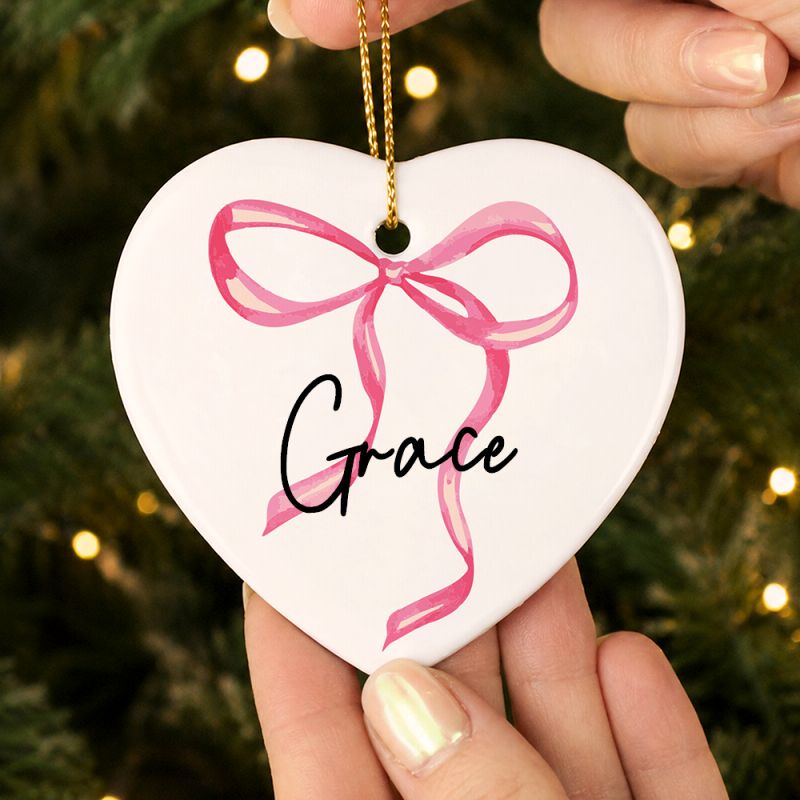 Personalised Pink Bow Ceramic Heart Decoration