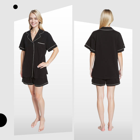 Women's Black Short Pyjama Set Super Soft Sleepwear Nightwear Button Up Top and Shorts with Pockets PJs by Daisy Dreamer