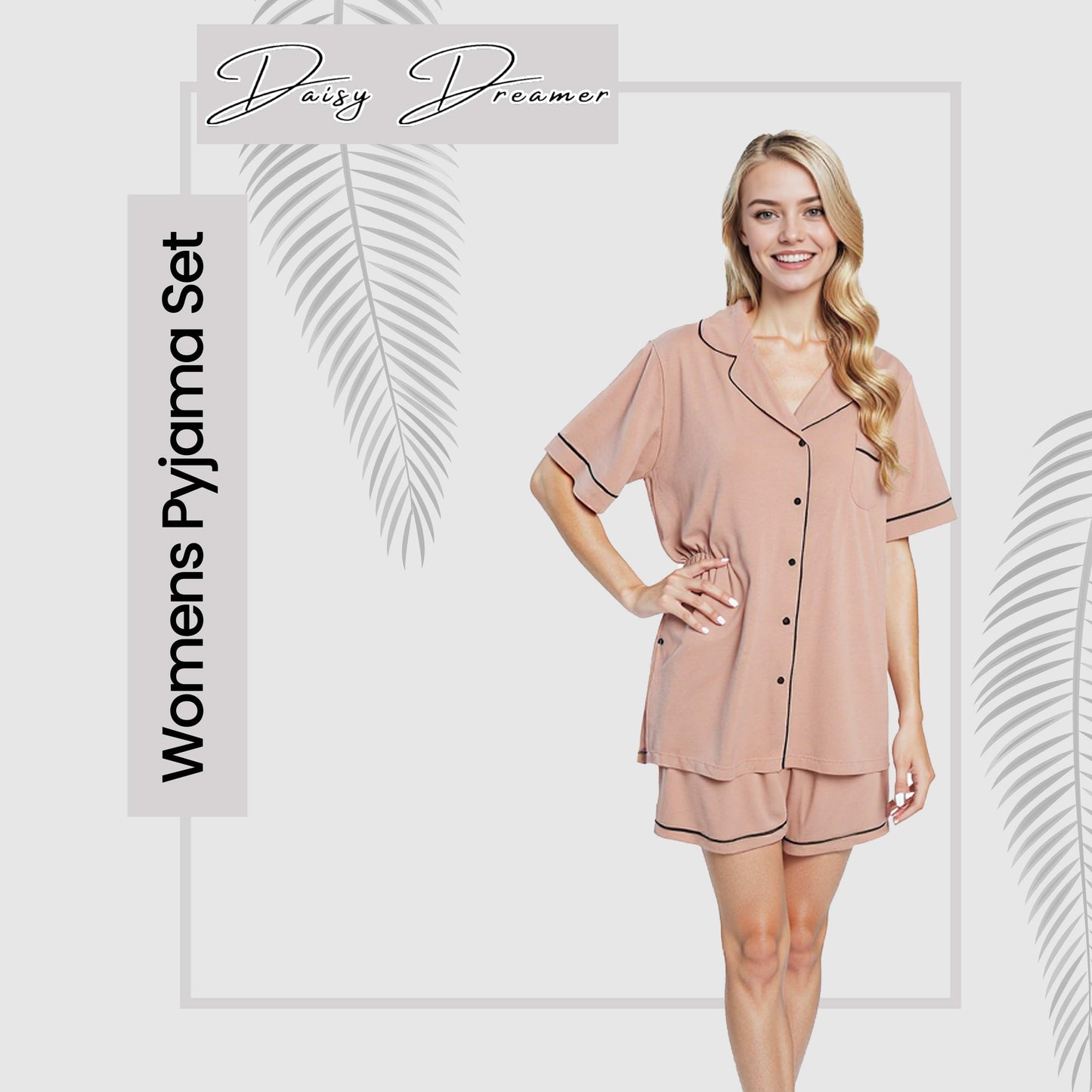 Women's Natural Short Pyjama Set Super Soft Sleepwear Nightwear Button Up Top and Shorts with Pockets