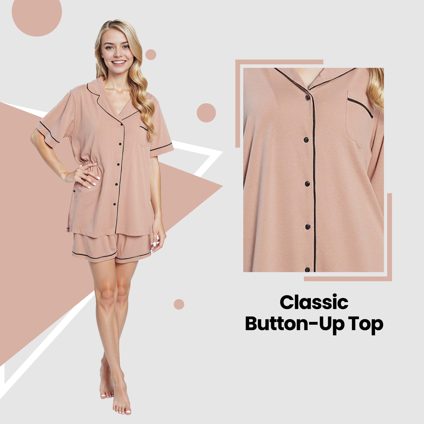 Women's Natural Short Pyjama Set Super Soft Sleepwear Nightwear Button Up Top and Shorts with Pockets