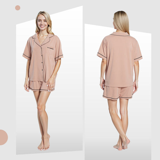 Women's Natural Short Pyjama Set Super Soft Sleepwear Nightwear Button Up Top and Shorts with Pockets