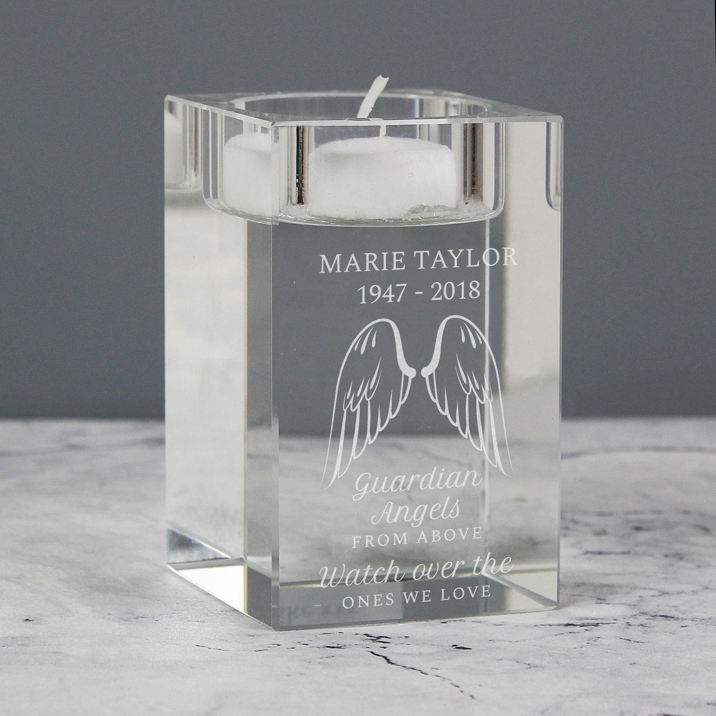 Personalised Guardian Angel Wings Glass Tea Light Holder