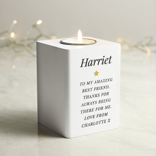 Personalised Free Text White Wooden Tea light Holder