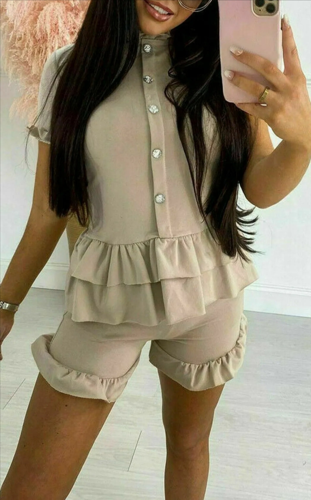 Womens Ladies Frill Peplum Button Rib Two Piece Short  Set