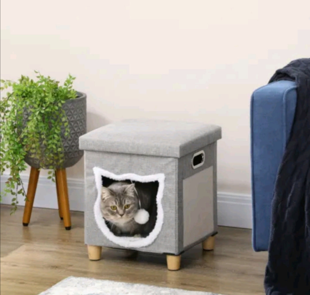in 1 Cat Bed Ottoman, Comfortable Cat Sleeping Cave House w/ Cushion